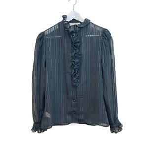 Vintage MALBE 70s Sheer Black Ruffle Front Long Sleeve Stripe Blouse Shirt Sz 10